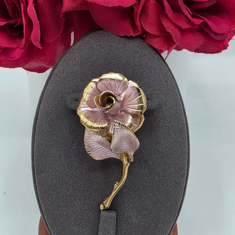 Vintage Cerrito Rose Brooch‎ Pink Gold Tone Enamel Flower Pin Show Stopper Glam
